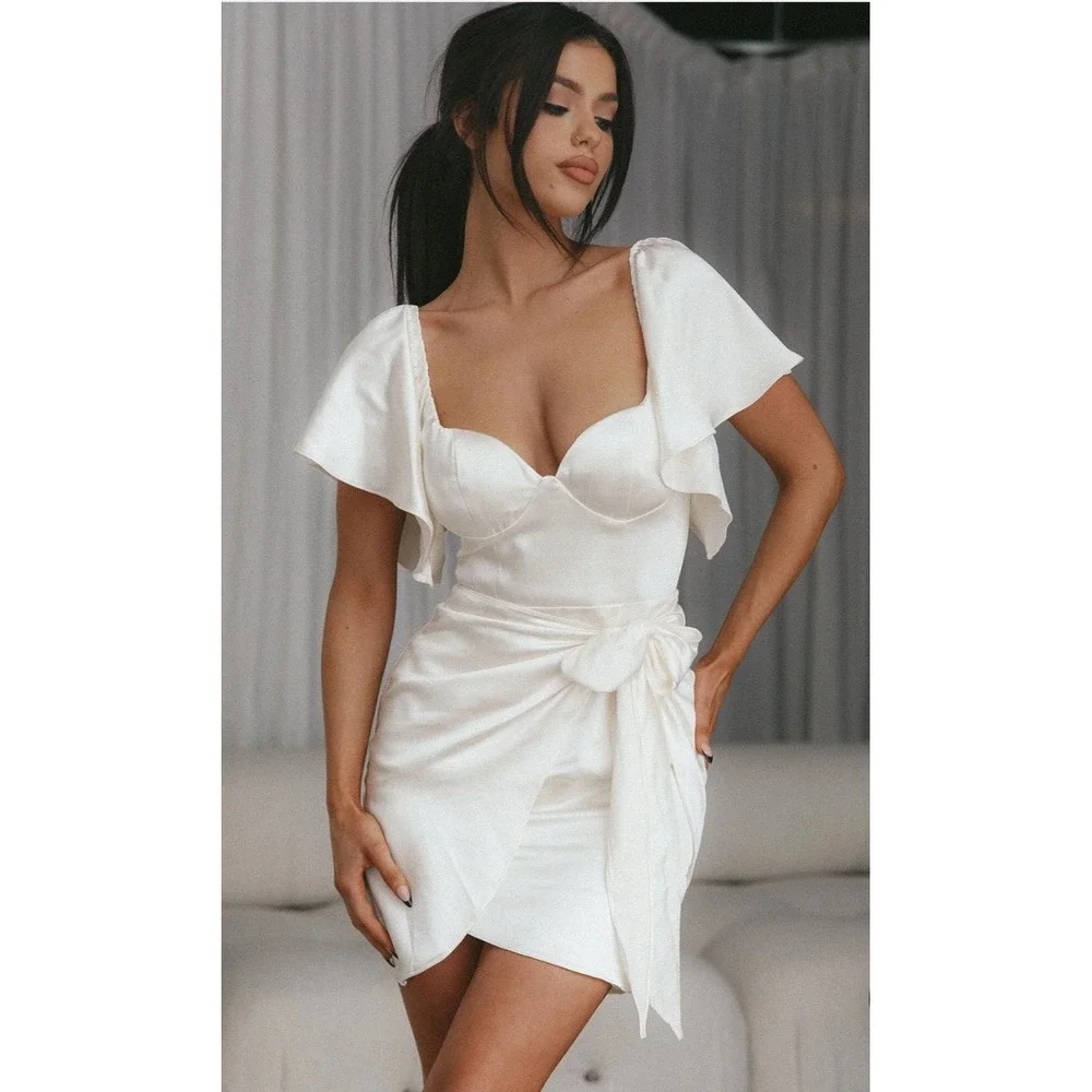 Selfie Leslie Aphrodite Satin Wrap Dress S Angel Sleeve Ivory NWT